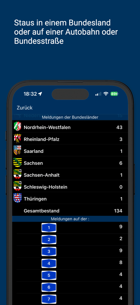 Traffic report list for German federal states and highways in iVerkehr Pro app
