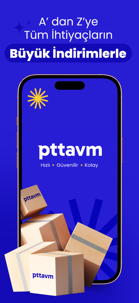 PttAVM - Güvenli Alışveriş - PttAVM mobile app interface featuring delivery boxes and discount promotional text in Turkish