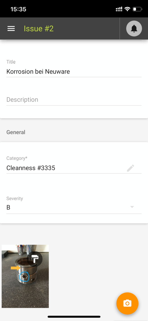 Digital report of a quality defect including title category severity and photo documentation in Testify Mobile