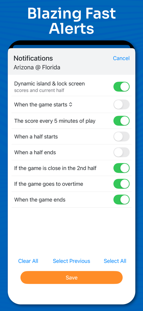 Customizable notification settings menu for college basketball games showing options for live score alerts and game updates