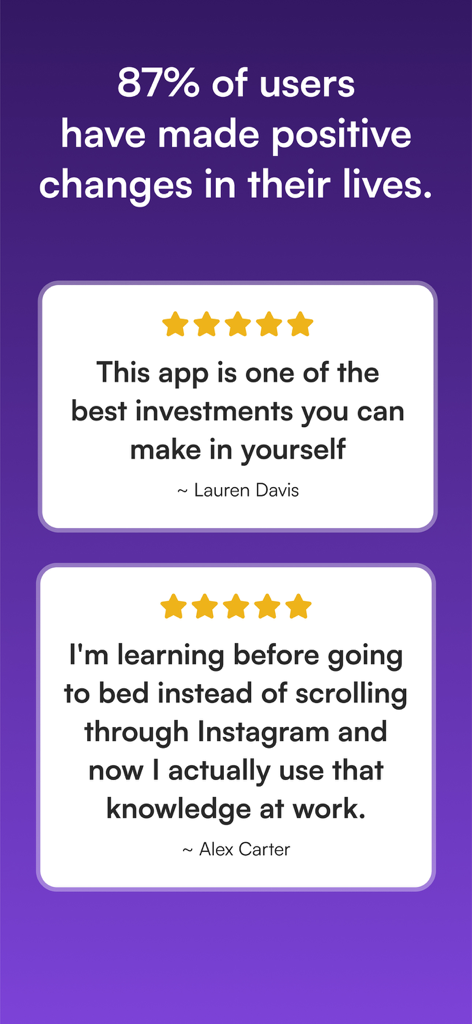 Wizdom: Book Summary & Podcast - Screenshot of Wizdom app displaying user reviews and a statistic showing 87 percent of users have made positive life changes