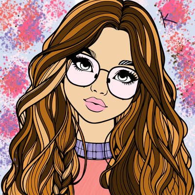 girl with long hair and freckles and glasses realistic