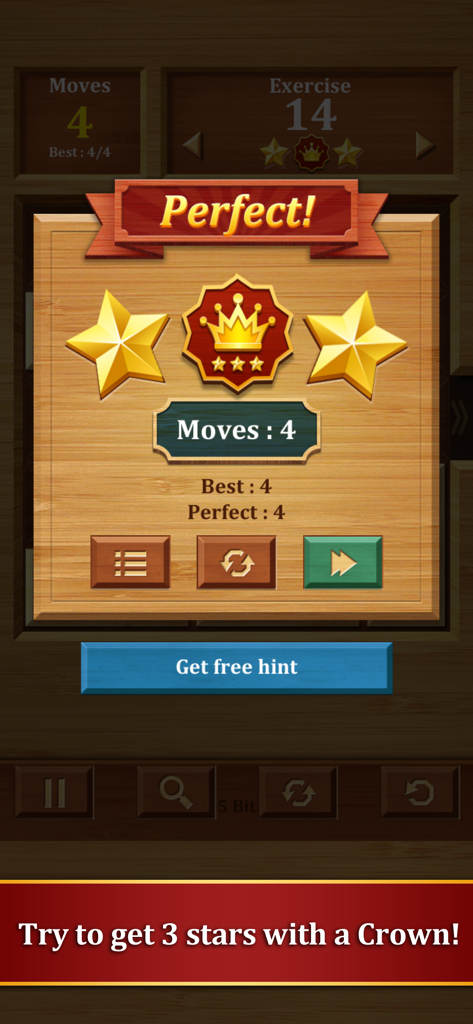 Move the Block : Slide Puzzle - A perfect level completion screen in Move the Block Slide Puzzle showing three stars and a golden crown reward