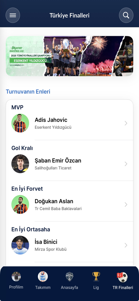 Blade Rakipbul Ligi - Blade Rakipbul Ligi app screen displaying tournament awards including MVP and top scorer statistics