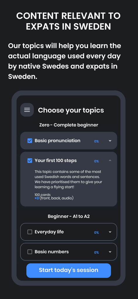 Mjølnir Swedish - A screenshot of the Mjølnir Swedish app showing the topic selection menu with categories for complete beginners and A1 to A2 learners.