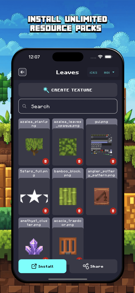 Screen of Minecraft Texture Maker app displaying various game textures and an install button.