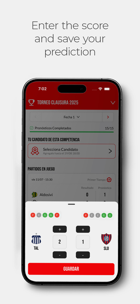Prode Master - Interface de l'application de football Prode Master montrant un utilisateur entrant un pronostic de score de match