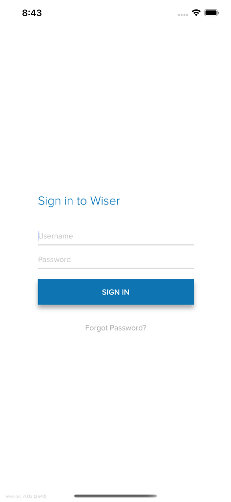 사용자 이름과 비밀번호 필드가 표시된 Wiser Retail Execution 모바일 앱의 로그인 화면