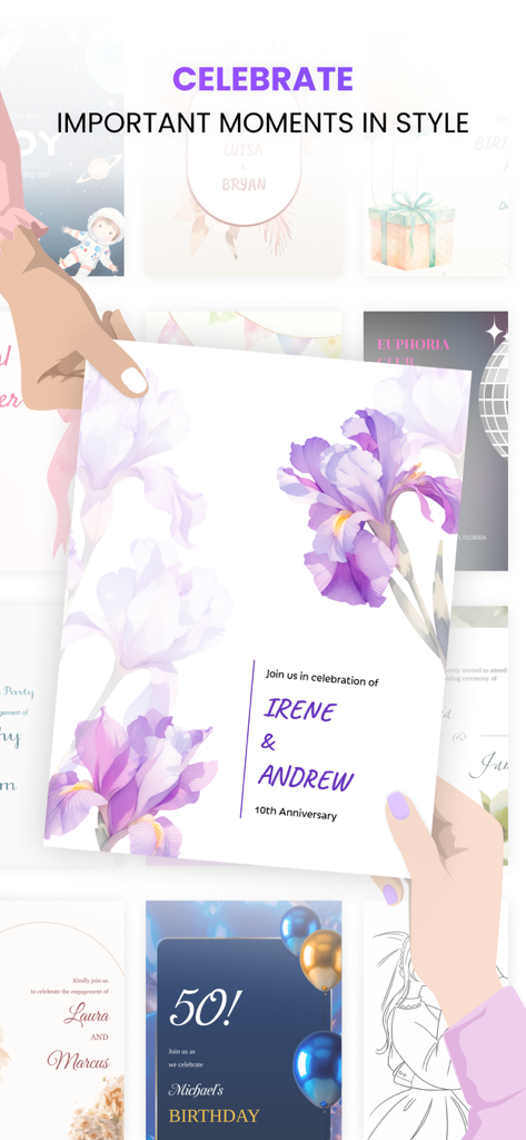 Invitation Maker: AI Invite - A collection of stylish digital invitation templates for various events like anniversaries and birthdays.