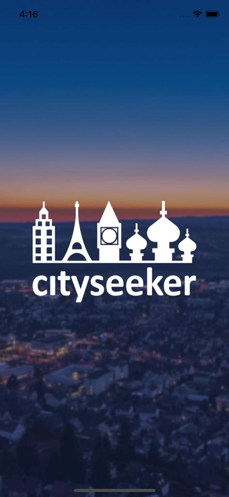 Cityseeker app splash screen with white landmark icons and city name over a blurred twilight city background.