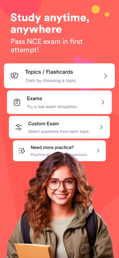 Main menu of the EPPP exam prep app showing study options like flashcards and practice exams with a female student in the background