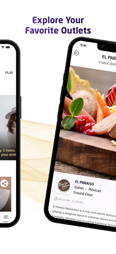 Cenomi Plus app screen displaying a restaurant profile and mall outlet details.