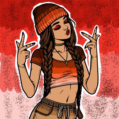 realistic teenage girl with braids and a beanie and crop top doing 🫶🏼
