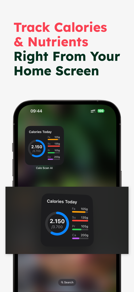 AI Calorie Tracker iPhone home screen widget displaying daily calories and nutrient macro breakdowns