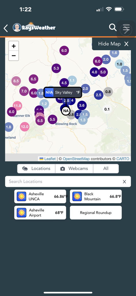 RaysWeather.Com Mobile - RaysWeather app screen showing an interactive weather map with temperature data for North Carolina locations