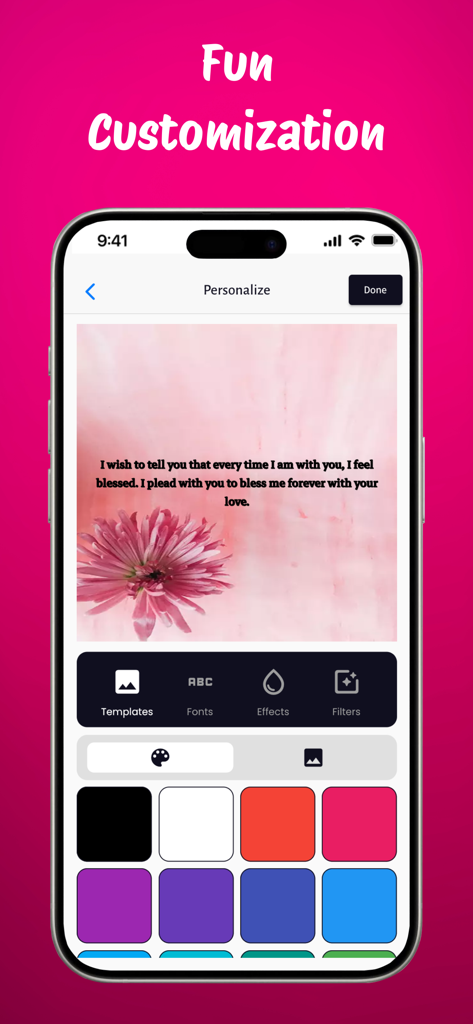 Écran de personnalisation de l'application Love Messages montrant les options de police, de couleur et de modèle d'arrière-plan pour une citation romantique.
