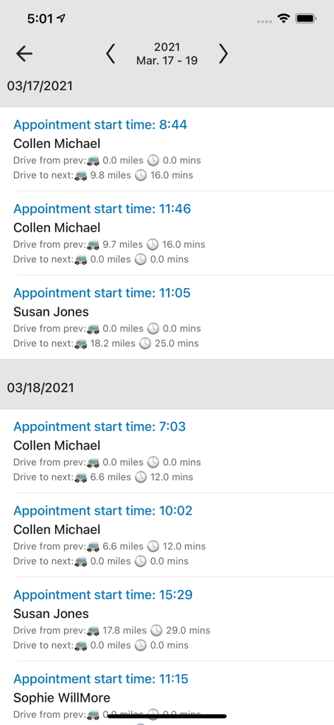 Grooming appointment agenda view showing schedule and driving distances for mobile groomers