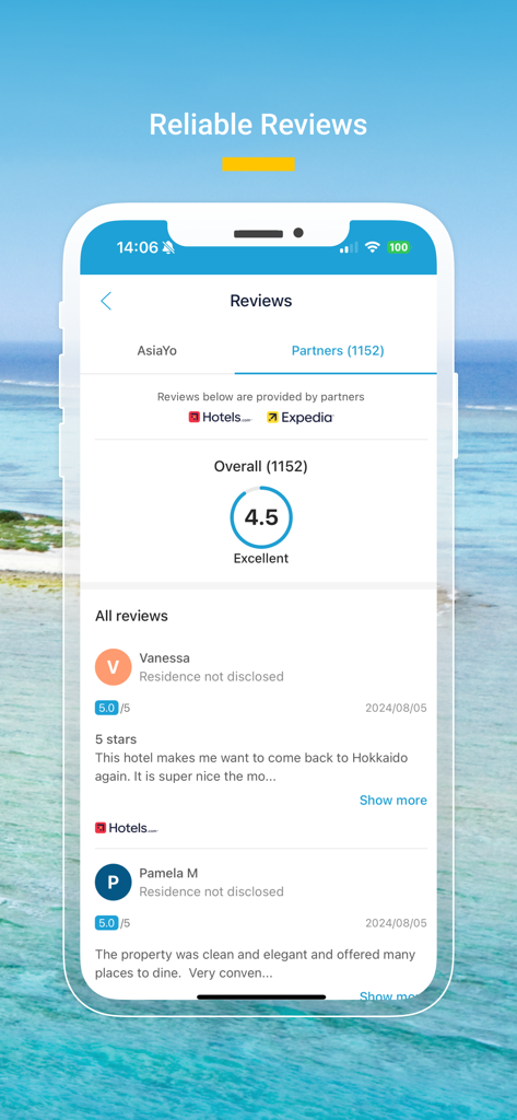Screenshot of the AsiaYo app reviews section showing an overall 4.5 rating and verified user comments from partners like Hotels.com and Expedia.