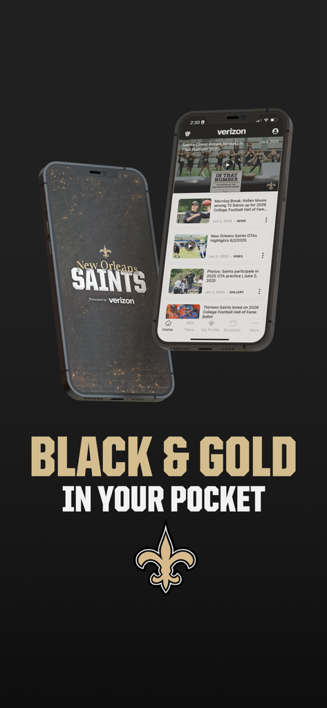 New Orleans Saints - The official New Orleans Saints app showing team news on a smartphone with the slogan Black and Gold in your pocket