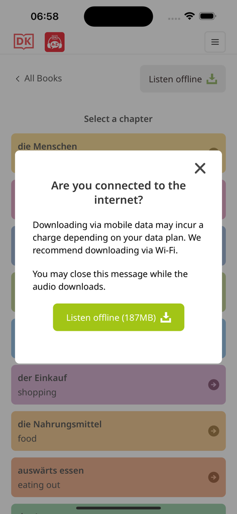 DK Bilingual Visual Dictionary - A pop-up message in the DK Bilingual Visual Dictionary app asking to download audio for offline use