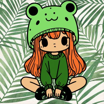 a girl wearing a frog hat and some frog socks
