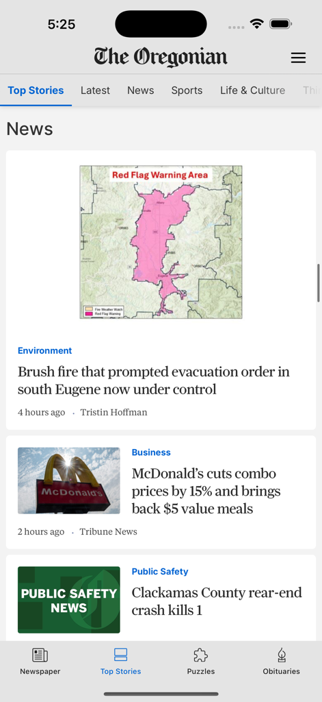 The Oregonian News - Interface of The Oregonian News app showing local Oregon news headlines and navigation tabs.
