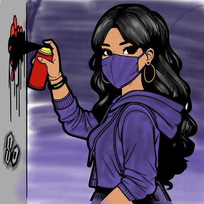 realistic girl with mask spray painting a wall