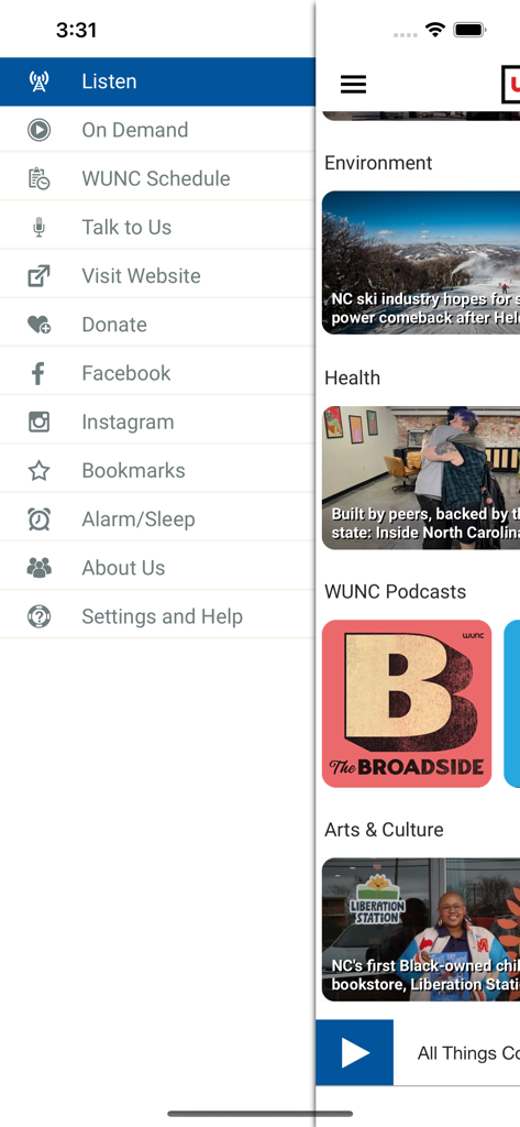 WUNC - The main navigation menu and content feed of the WUNC North Carolina Public Radio app showing news categories and podcasts.