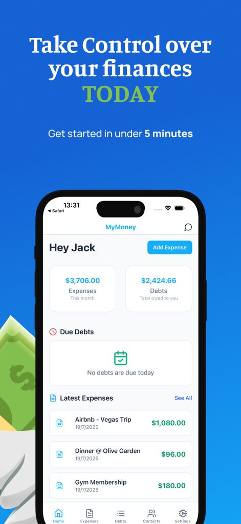 MyMoney: Budget & Expenses App - MyMoney app dashboard showing monthly expenses debts and latest transactions on an iPhone screen