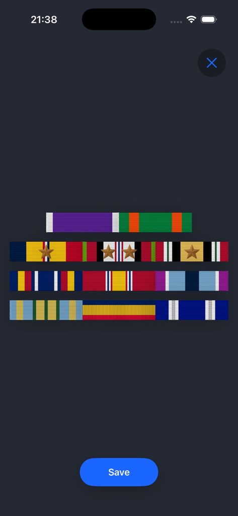 Rack Builder Pro - A stacked arrangement of military ribbons with awards and stars displayed in the Rack Builder Pro interface