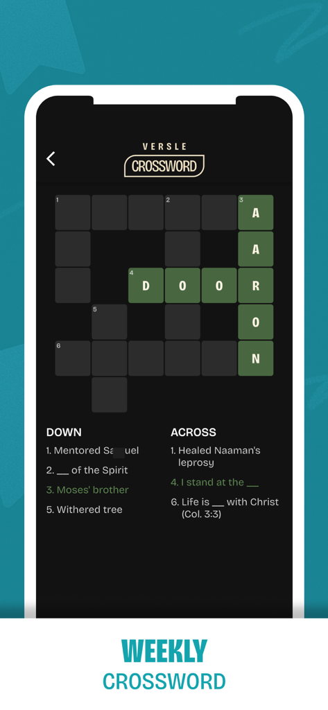 Versle | Daily Bible Game - Interfaz del rompecabezas semanal de crucigramas en la aplicación de juegos bíblicos Versle.