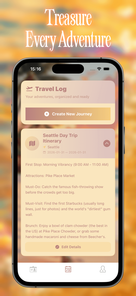 Lumen - Delightful Moments - Lumenアプリのトラベルログを表示するiPhone画面。パイクプレイスマーケットなどのアトラクションを含むシアトルへの詳細な日帰り旅行の旅程が表示されています。