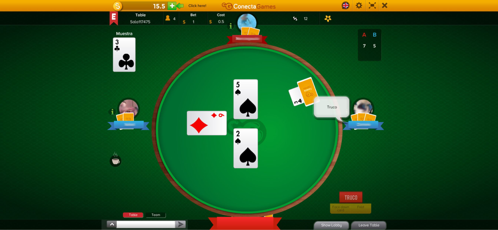 Tela de jogo do Truco Paulista e Mineiro mostrando uma mesa verde com cartas e avatares de jogadores