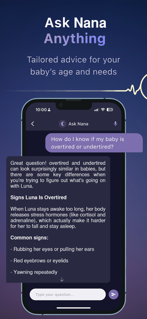 Nana: Baby Sleep Coach - Screenshot of the Nana baby sleep coach app chat interface showing a question about overtired baby signs and a detailed response.