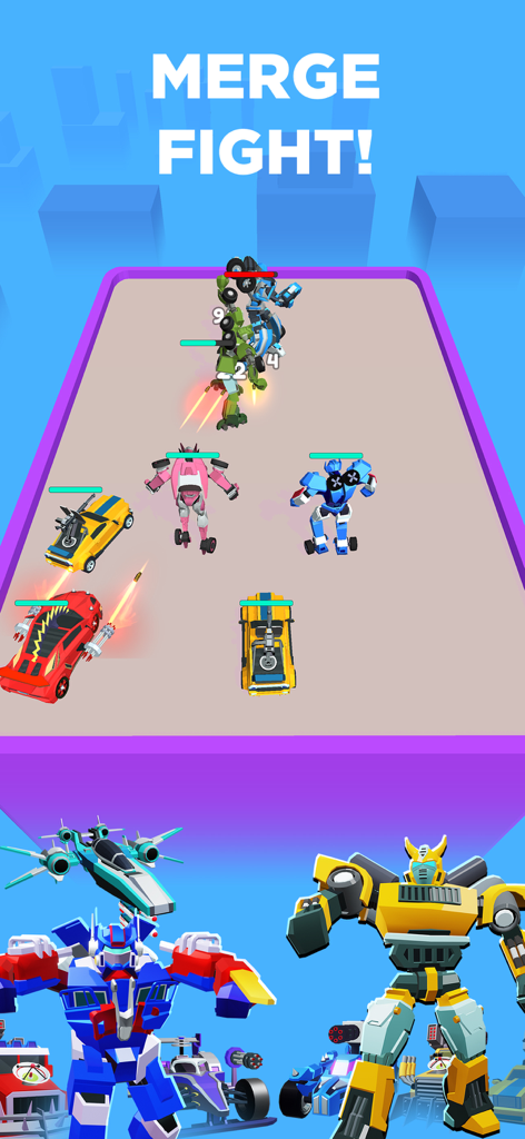Merge Robot Master: Car Games - Gameplay of Merge Robot Master showing 3D robots and cars in a battle arena.