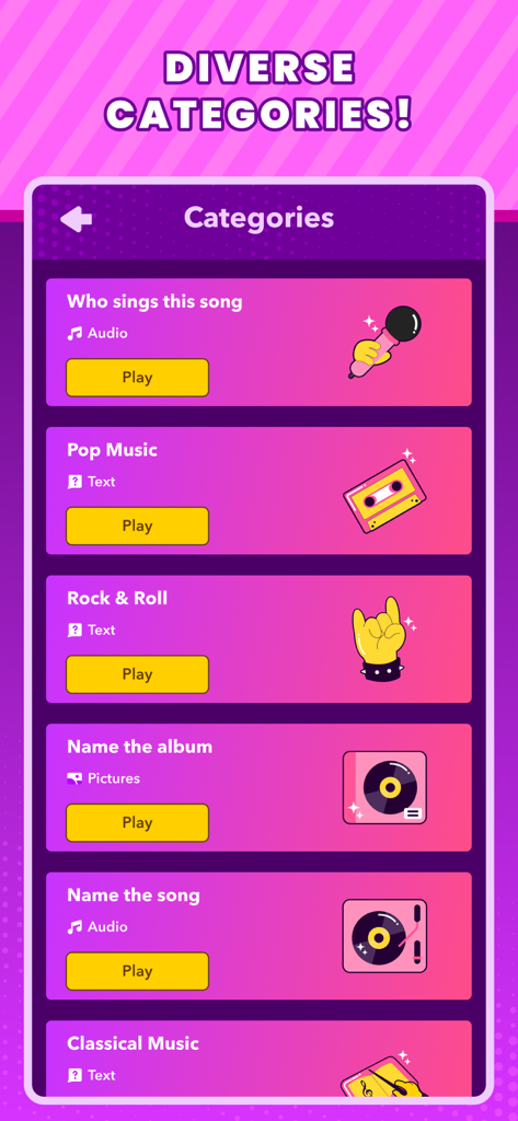 Trivial Music Quiz - Selection screen showing diverse music quiz categories including Pop Music, Rock and Roll, and Name the Album