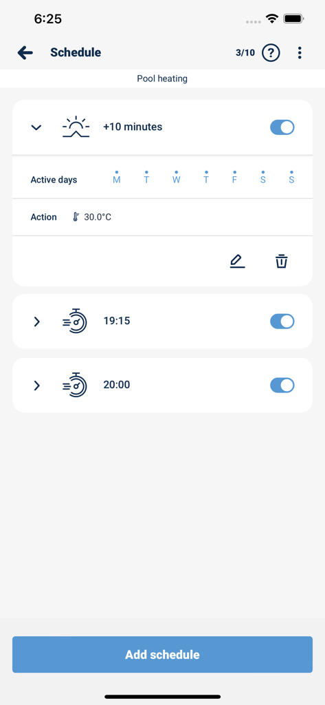wBox by blebox.eu - Scheduling screen in the wBox app for controlling pool heating automation.