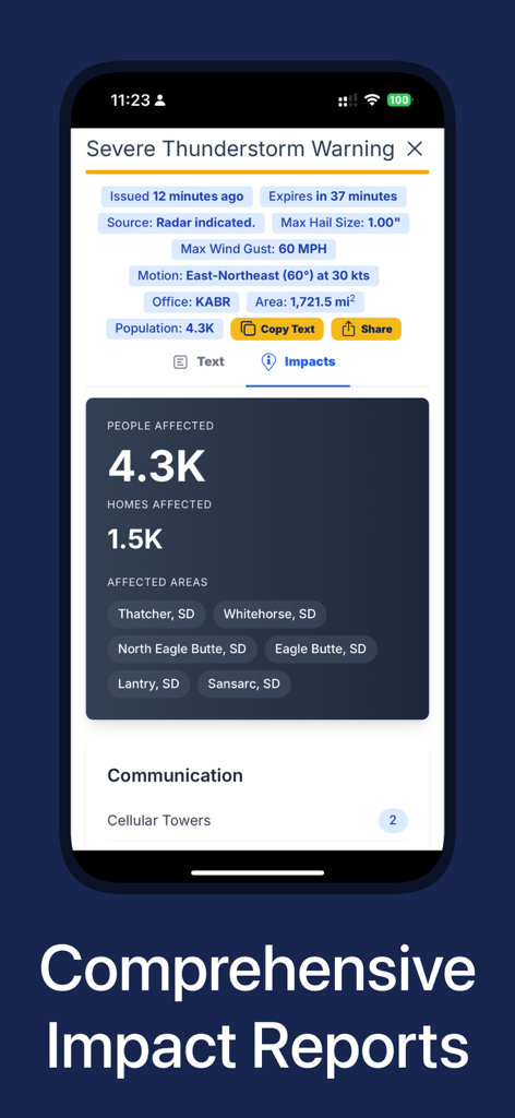 WeatherWise.app - Una interfaz móvil de la aplicación WeatherWise que muestra una advertencia de tormenta severa con informes de impacto detallados sobre la población y los hogares afectados.