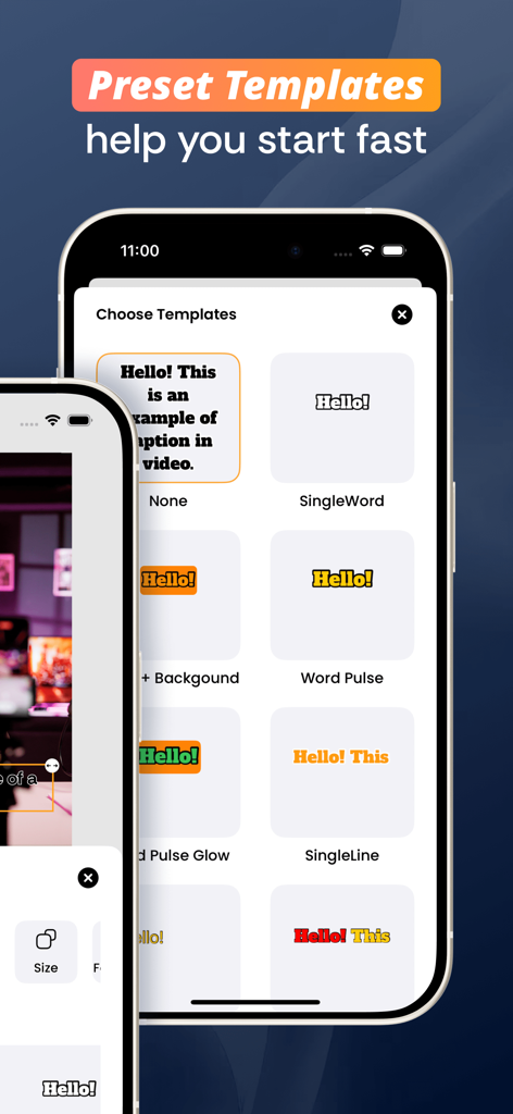Captions Maker: Video Subtitle - Captions Makerアプリでの動画編集用のさまざまなプリセット字幕テンプレートを表示する画面。