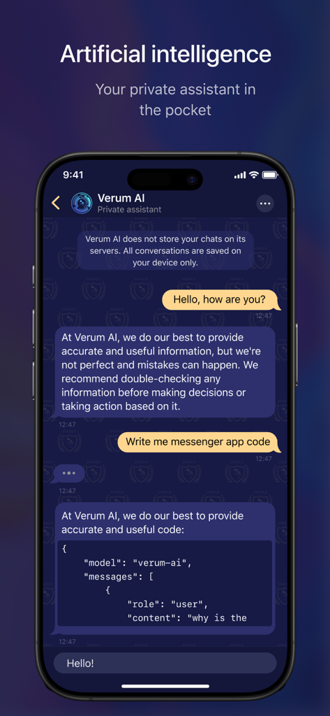 Screenshot of Verum Messenger app showing the private AI assistant chat interface with a security disclaimer about local data storage.