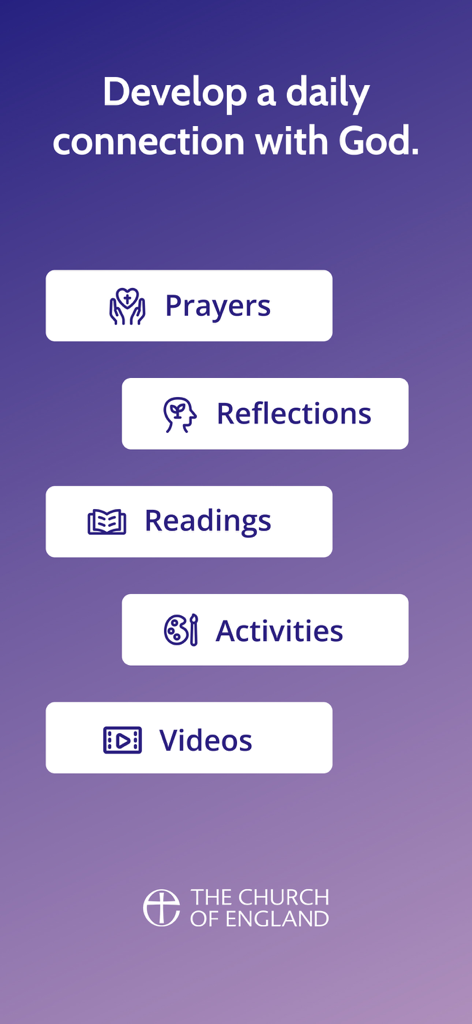 Everyday Faith app screen displaying options for prayers, reflections, readings, activities, and videos to develop a daily connection with God.
