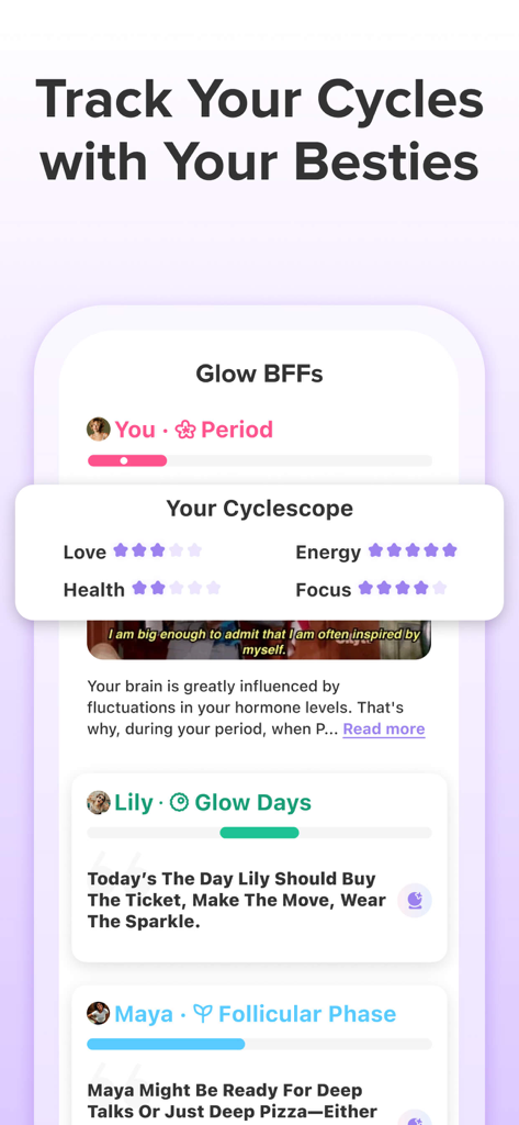 Glow App Benutzeroberfläche mit der Funktion Glow BFFs zur Verfolgung von Menstruationszyklen mit Freunden und Anzeige von Zyklus-Score-Bewertungen