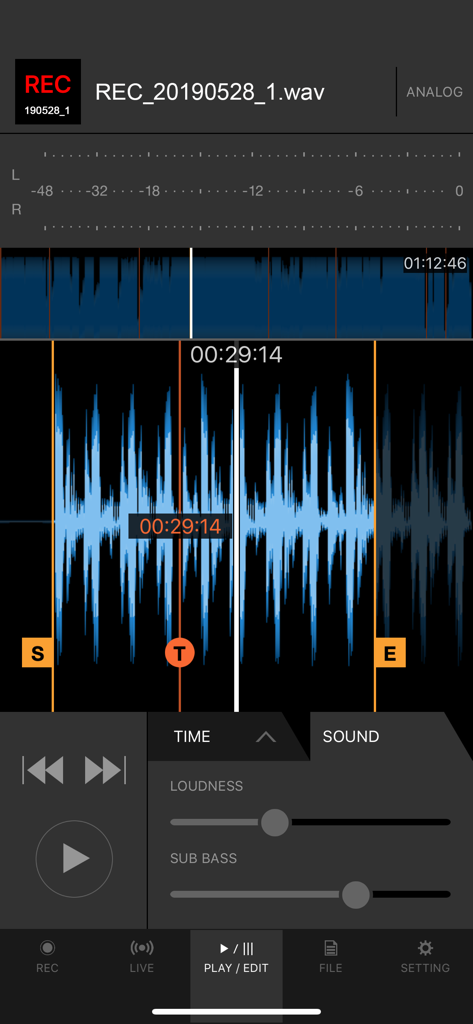 DJM-REC: DJ live/recording app - DJM-REC app interface displaying an audio waveform with loudness and sub bass sliders for editing a recording
