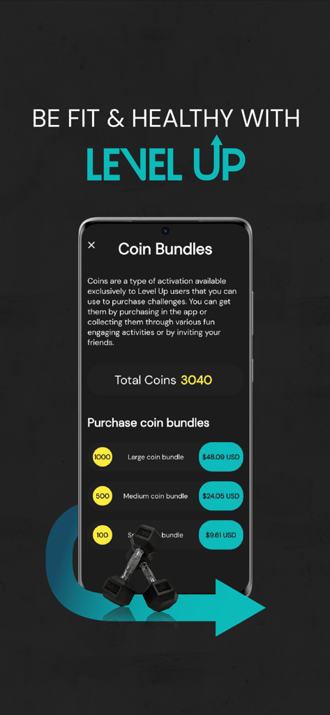 Interface of the Fit by LevelUP app showing different coin bundles available for purchase to unlock fitness challenges.