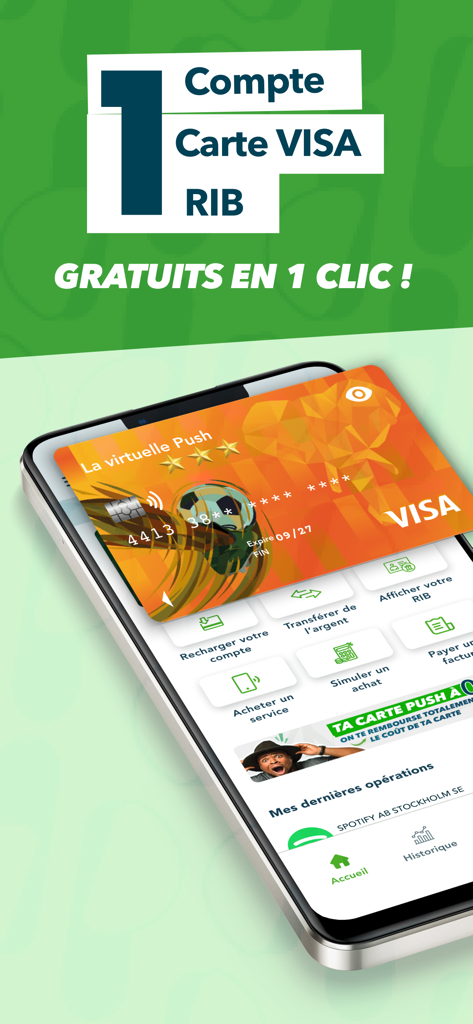 Push CI - Interface de l'application mobile Push CI affichant une carte Visa orange virtuelle et des fonctionnalités de gestion financière