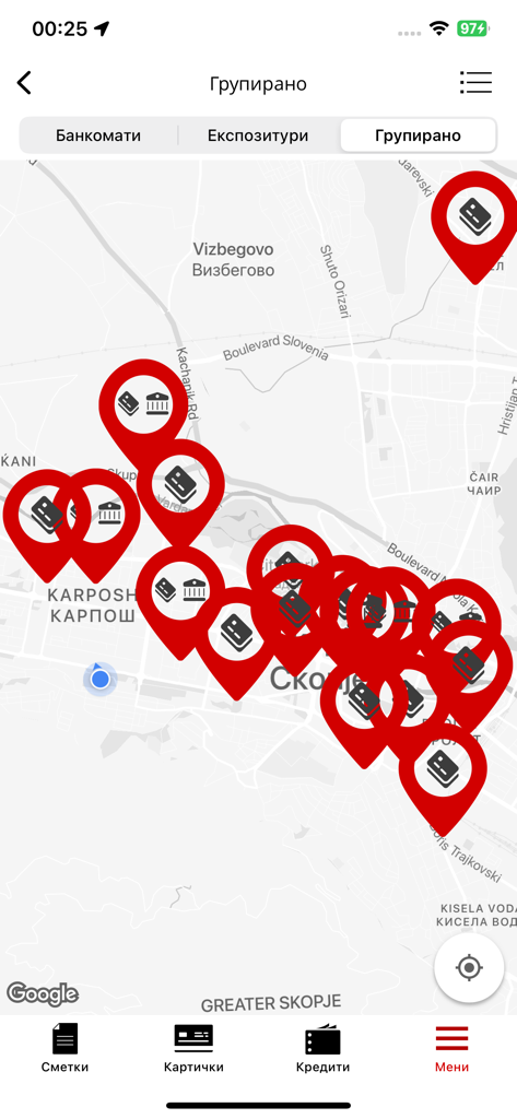 Interfaz de mapa de la aplicación BANK2GO que muestra ubicaciones de cajeros automáticos y sucursales de ALTA Banka en Skopje