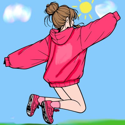 realistic girl jumping with a bun and oversized sweatshirt