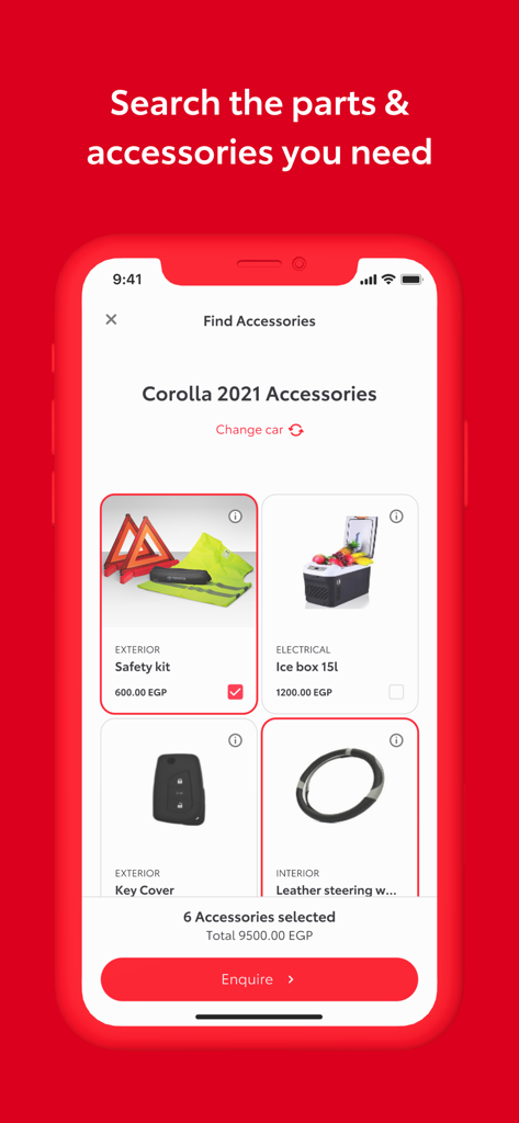 My Toyota EG - Screenshot of the My Toyota EG app showing a catalog of car parts and accessories for a Corolla 2021 model.