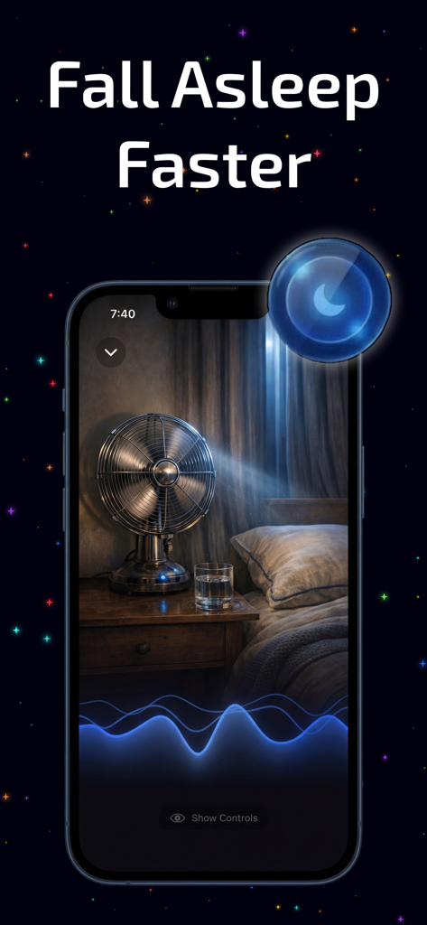 NeuroPulse: Binaural Beats - NeuroPulse app screen with Fall Asleep Faster text and a cozy bedroom background