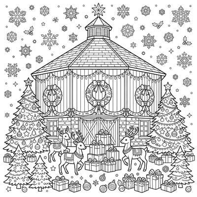 Step into a winter wonderland with this charming coloring page featuring a unique round barn festively decorated for Christmas. Discover intricate details like wreaths, reindeer, and presents, offering hours of creative holiday joy.